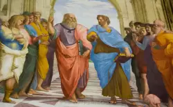 Платон (в красном) и Аристотель (в синем) — фреска «Афинская школа» Рафаэля — Станца Сигнатуры