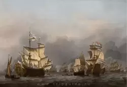 «Корабль «Royal Prince» сдается» Виллем ван де Велде Младший — изображен момент, когда флагман английского флота (слева) сдается. Чтобы показать это команда спустила флаги