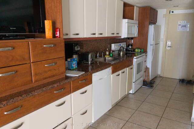 Кухня оборудована всем необходимым — плита, духовка, посудомойка, холодильник, тостер, посуда и столовые приборы