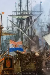 Голландский корабль на картине «Битва при Гибралтаре между голландскими и испанскими флотами 25 апреля 1607 г.» Корнелис Клас ван Виринген