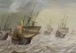 Фрагмент картины «Корабль Ост-Индской компании «Амстердам» вместе с несколькими военными голландскими кораблями в море» Ханс Сейвери Старший