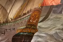Кормовое украшение на картине «Корабль Ост-Индской компании «Амстердам» вместе с несколькими военными голландскими кораблями в море» Ханс Сейвери Старший