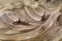 Морское чудовище на картине «Корабль Ост-Индской компании «Амстердам» вместе с несколькими военными голландскими кораблями в море» Ханс Сейвери Старший