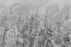 Лес из мачт кораблей на картине «Морская битва у Ньюпорта» Виллем ван де Велде Старший