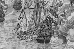 Пробитые паруса и флаг корабля на картине «Морская битва у Ньюпорта» Виллем ван де Велде Старший