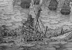 Моряки спасаются на обломках тонущего корабля на картине «Морская битва у Ньюпорта» Виллем ван де Велде Старший