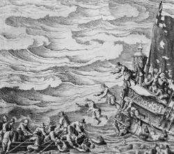 Моряки прыгают в воду с тонущего корабля на картине «Морская битва у Ньюпорта» Виллем ван де Велде Старший