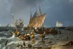 Рабочие разгружают грузы на картине «Возвращение корабля «Голландия» в Ландсдип около Хайсдяйне 3 ноября 1665» Людольф Бакхёйзен (<span lang=en>Ludolf Bakhuizen</span>)