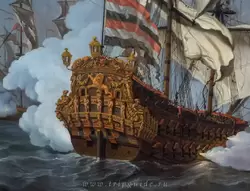 «Золотой лев» — флагманский корабль вице-адмирала Корнелиса Тромпа на картине «Сражение при Текселе (Кайкдайн) между голландским флотом и объединенным флотом Англии и Франции 21 августа 1673»
