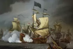 Выстрел английского корабля на картине «Сражение при Текселе (Кайкдайн) между голландским флотом и объединенным флотом Англии и Франции 21 августа 1673»