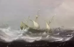 «Корабль с частично спущенными парусами в штормовом море около скалы» Хендрик Статс (<span lang=nl>Hendrick Staets</span>), около 1650