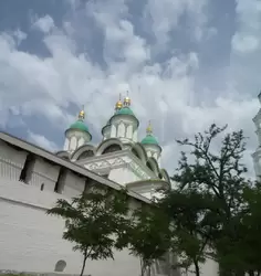 Вид на купола Успенского собора из-за кремлевской стены